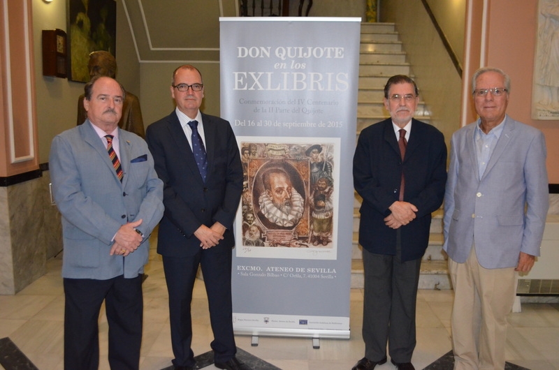 Miguel Valderrama Esparza, Presidente de la Asocación Andaluza de Exlibristas y Presidente del Hogar Navarro en Sevilla; José Vallecillo López, Presidente de la Sección de Literatura del Ateneo; Gerardo Pérez Calero, catedrático de Historia del Arte en la